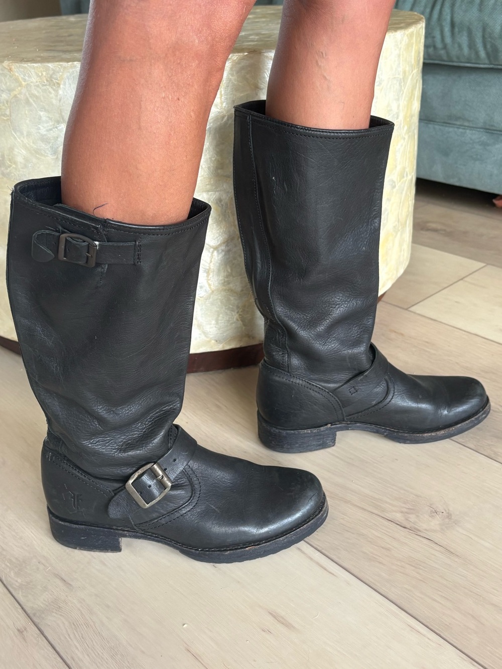 Frye Black Leather Mid-Calf Buckle Moto Boot - Picture 5 of 6